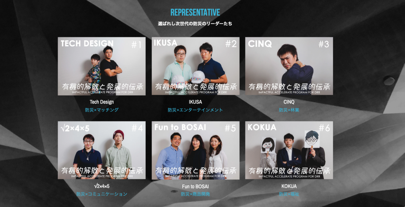6組の防災のリーダーたちが紹介されたスクリーンショット