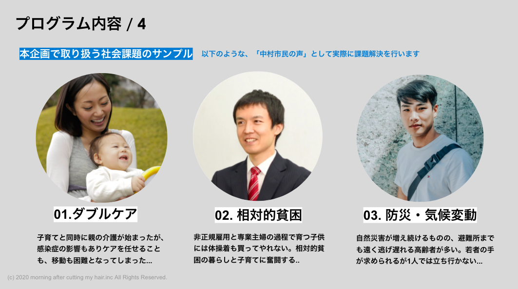 企画で取り扱う社会課題のサンプル 1. ダブルケア 2. 相対的貧困 3. 防災・気候変動