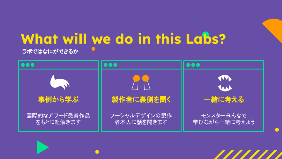 ラボでは何ができるか？①事例から学ぶ②製作者に裏側を聞く③一緒に考える