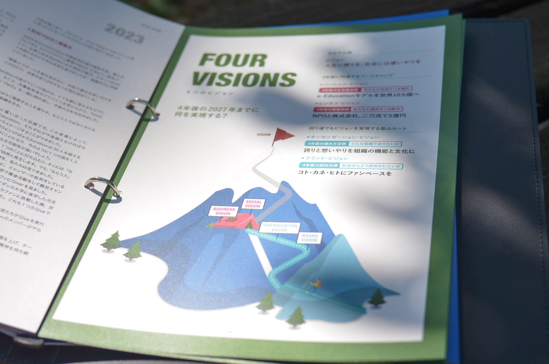 NPO法人e-Educationの社員向け冊子飲み開きの写真。ページには「FOUR VISIONS」と記載されている。
