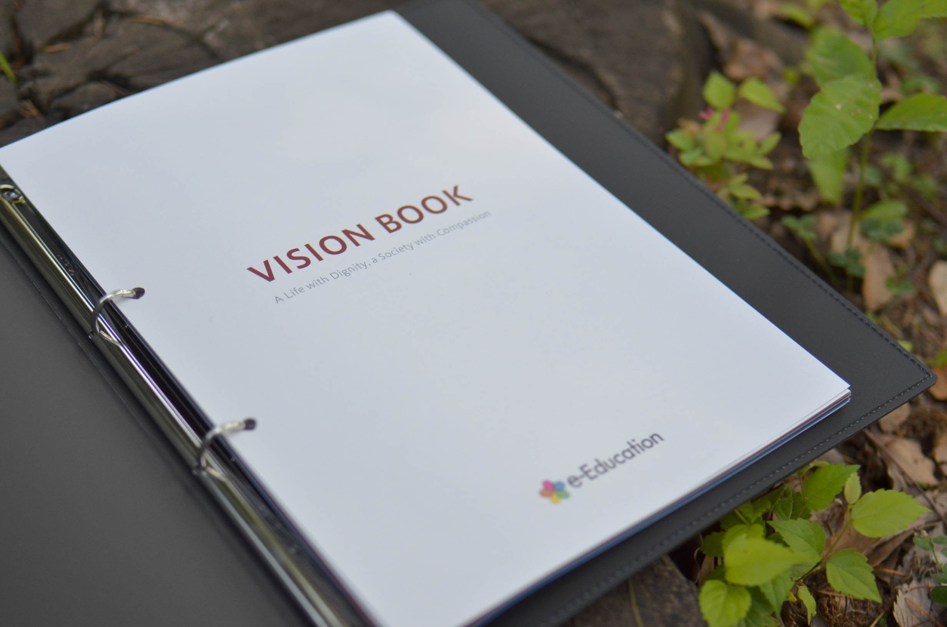 NPO法人e-Educationの社員向け冊子飲み開きの写真。ページには「VISIONBOOK」と記載されている。