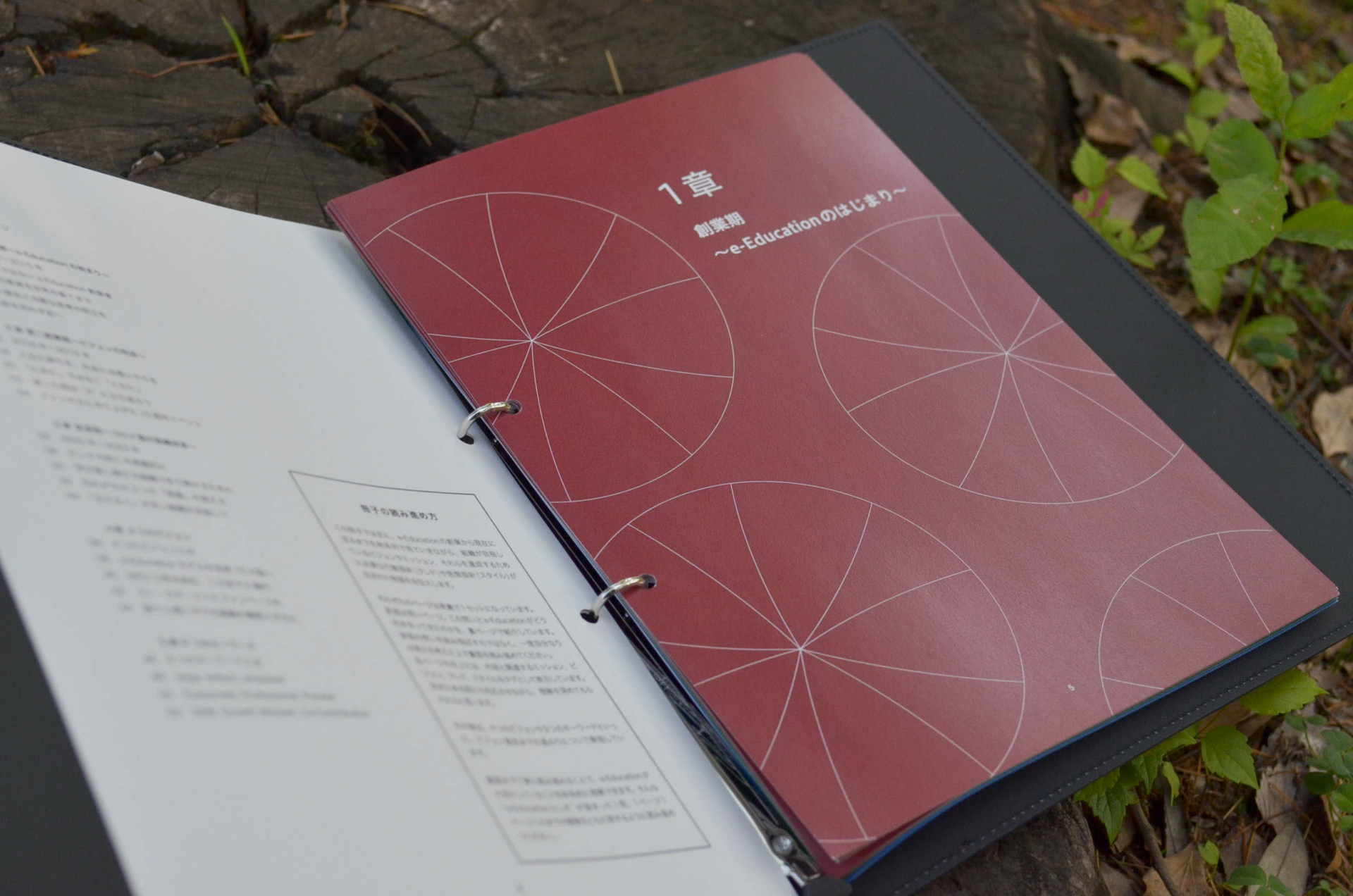 NPO法人e-Educationの社員向け冊子飲み開きの写真。ページには「創業期」と記載されている。